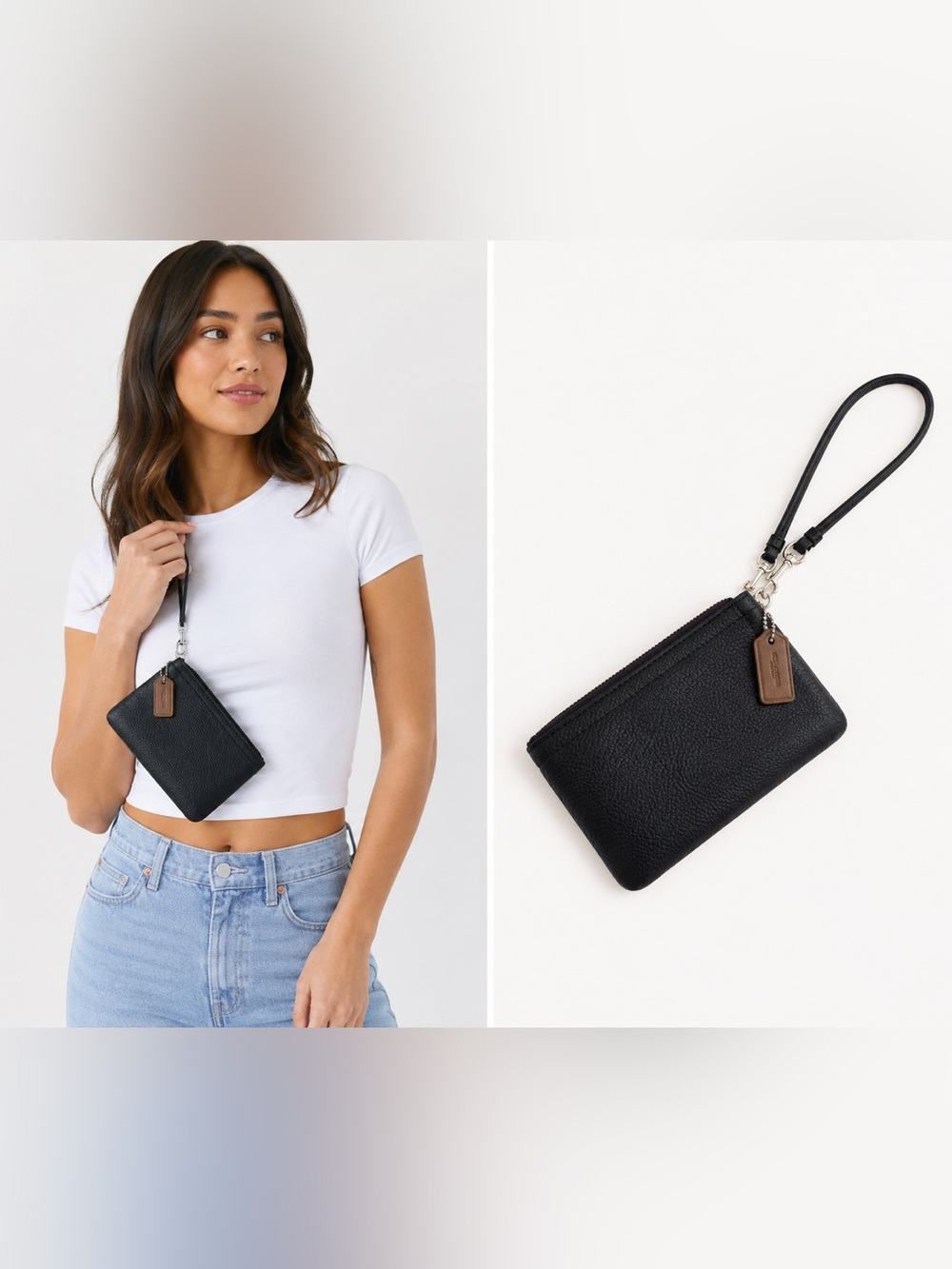 Coach Pebble Leather Wristlet Pouch Black Silver Hardware New